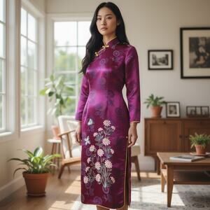 VINTAGE LADIES Purple SATIN ORIENTAL CHINESE Mandarin Collar Party Dress VTG